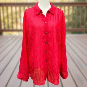 Chico’s Size 3 Red Crinkle Crepe Button Up Shirt Roll Tab Sleeves Patch Pocket